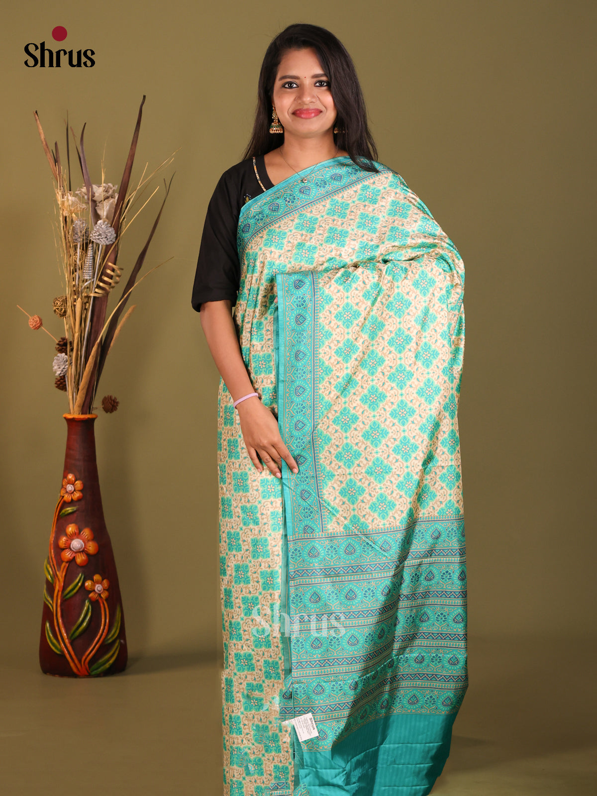 Cream & Teal - Semi Tussar Saree