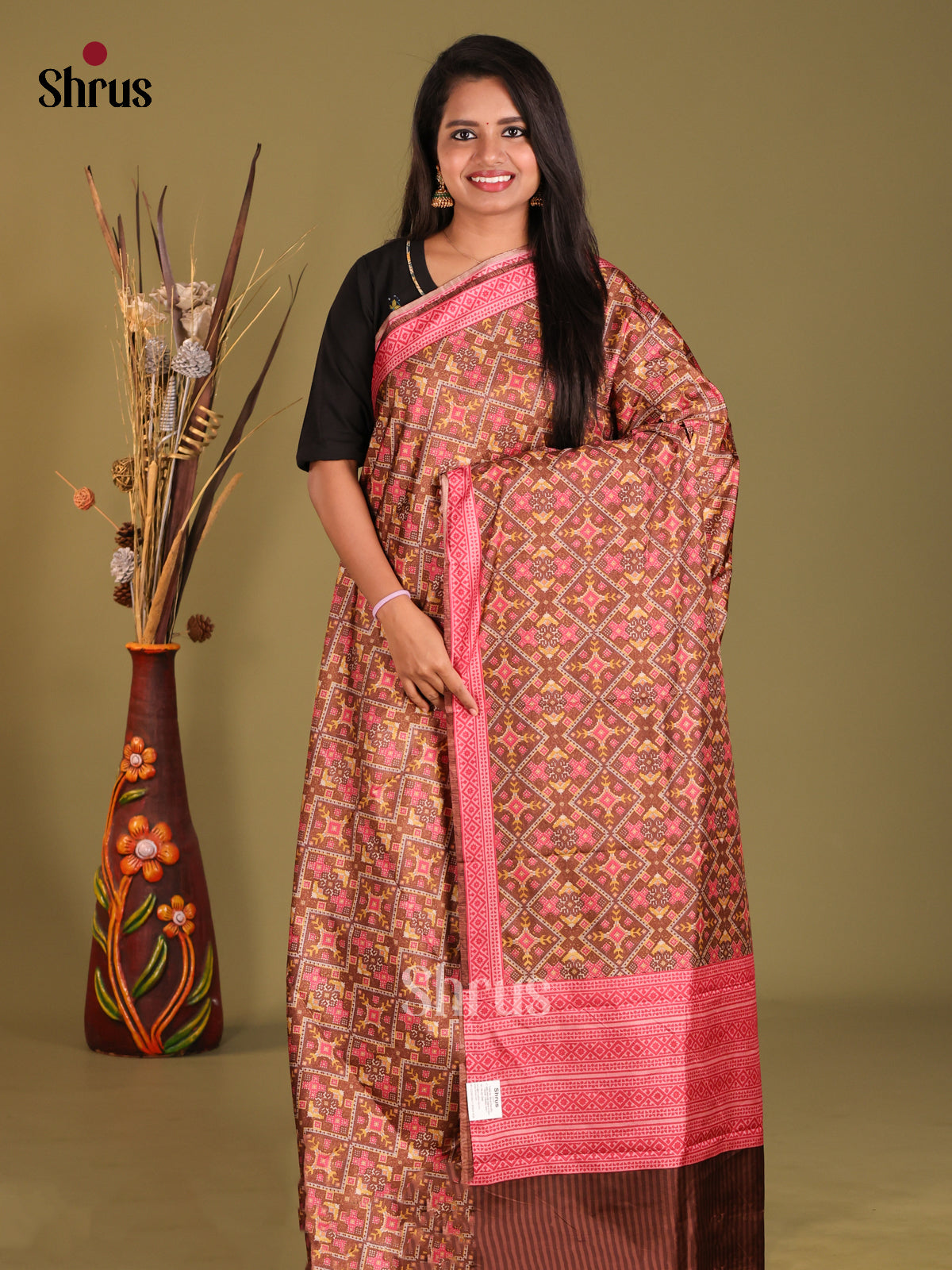 Brown & Pink - Semi Tussar Saree