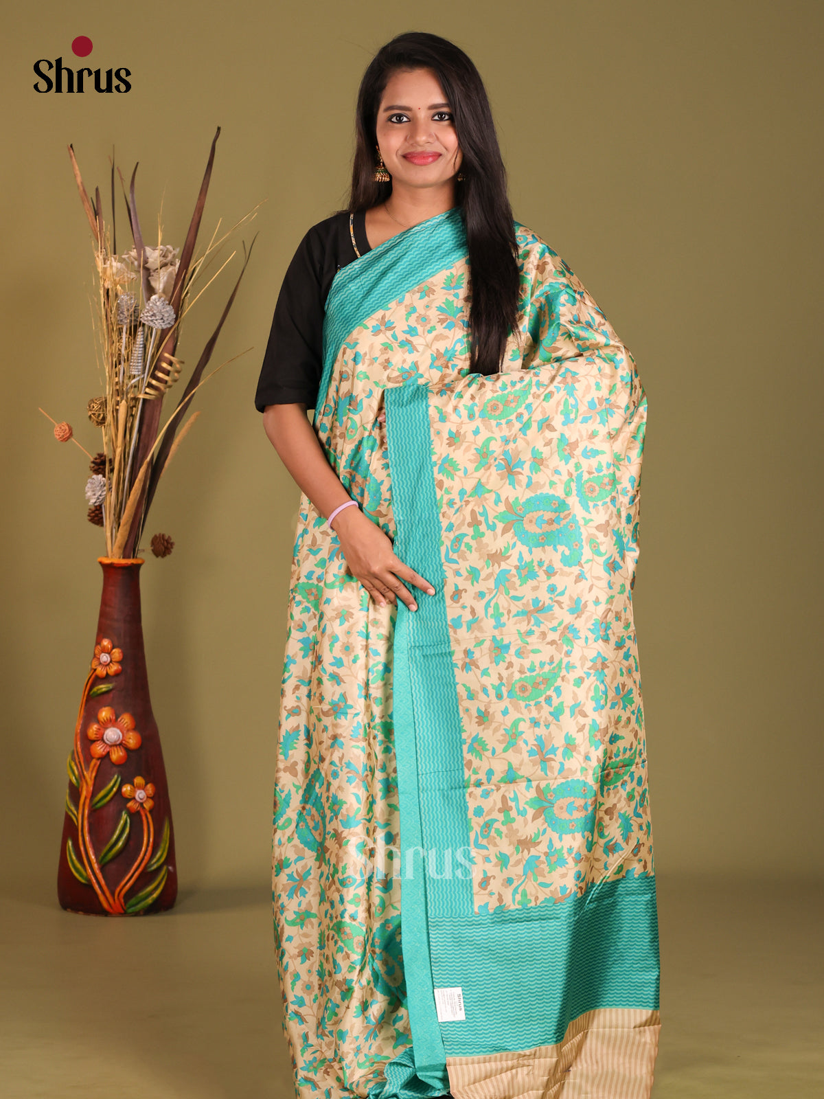 Cream & Sky Blue - Semi Tussar Saree - Shop on Shrus.com