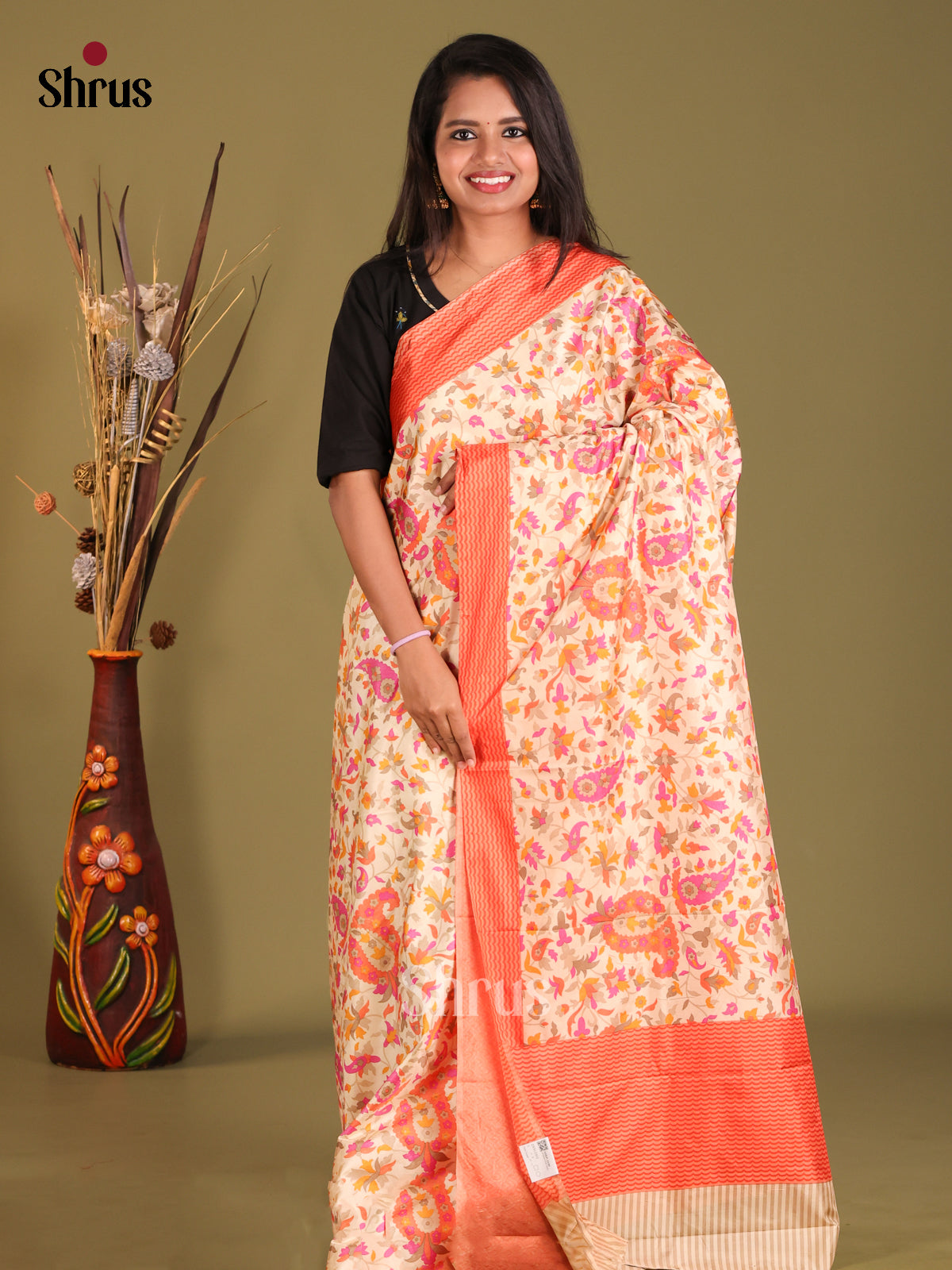 Cream & Orange - Semi Tussar Saree