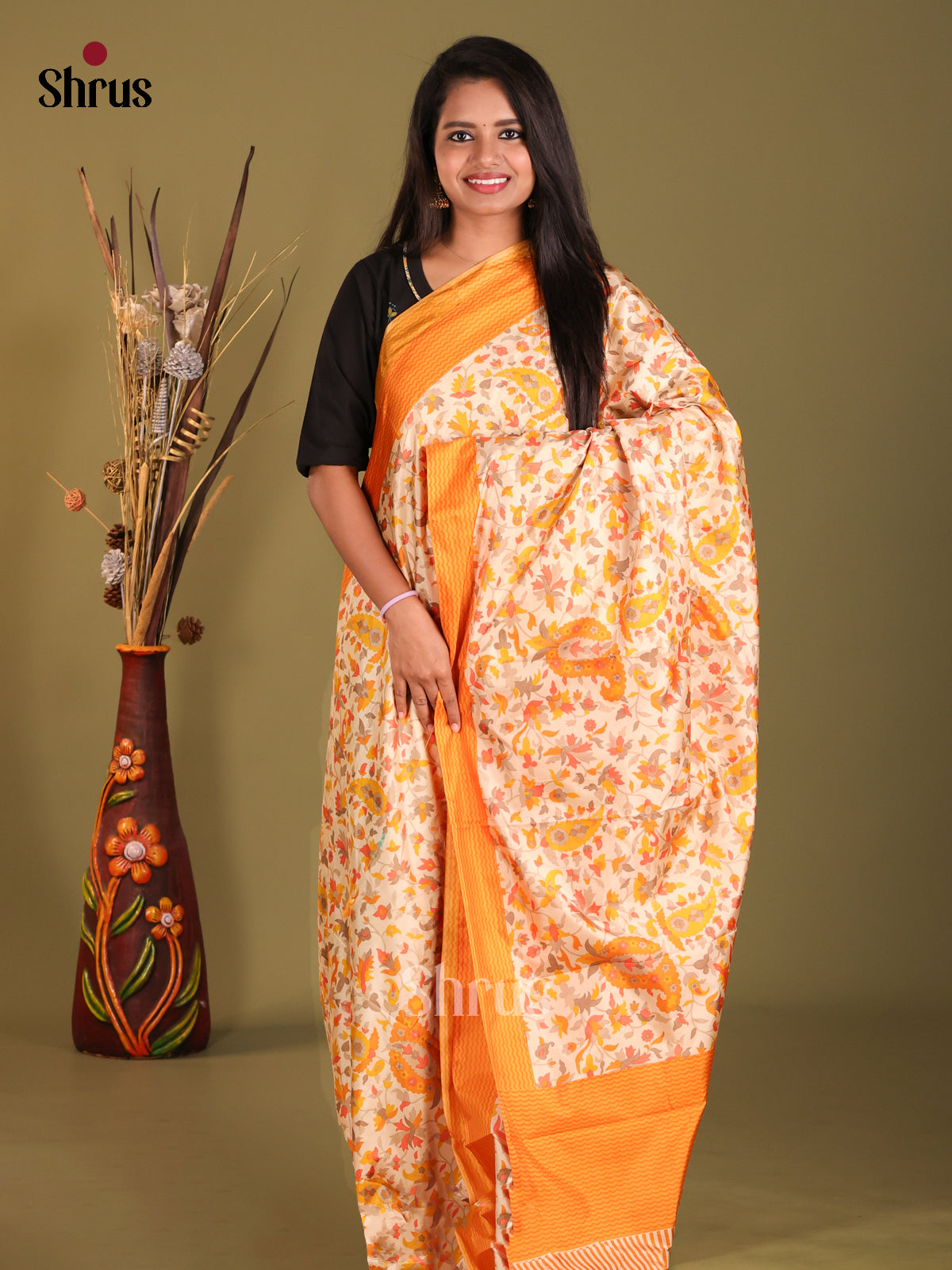 Cream & Orange - Semi Tussar Saree