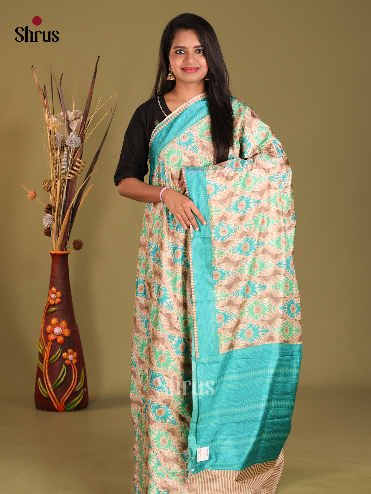 Cream & Teal- Semi Tussar Saree