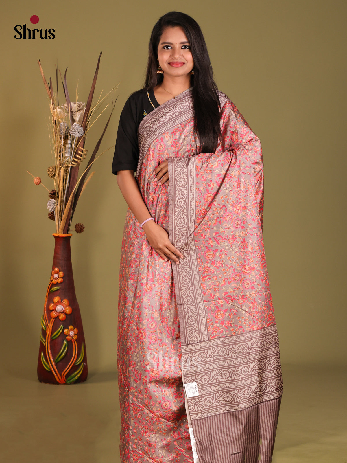 Grey & Pink - Semi Tussar Saree - Shop on Shrus.com