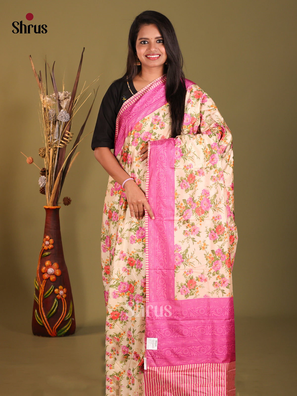 Cream & Pink - Semi Tussar Saree