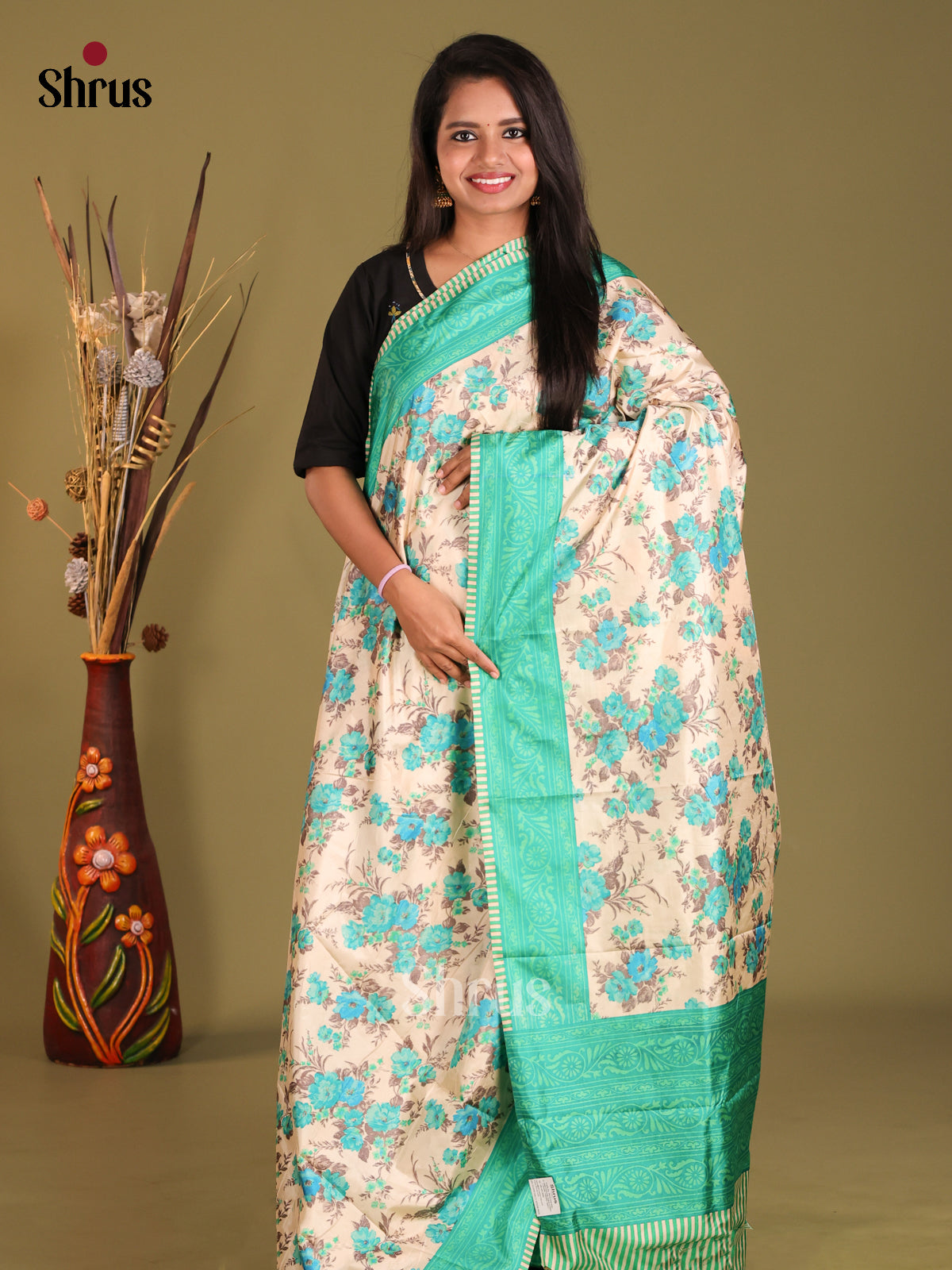 Cream & Teal Green - Semi Tussar Saree