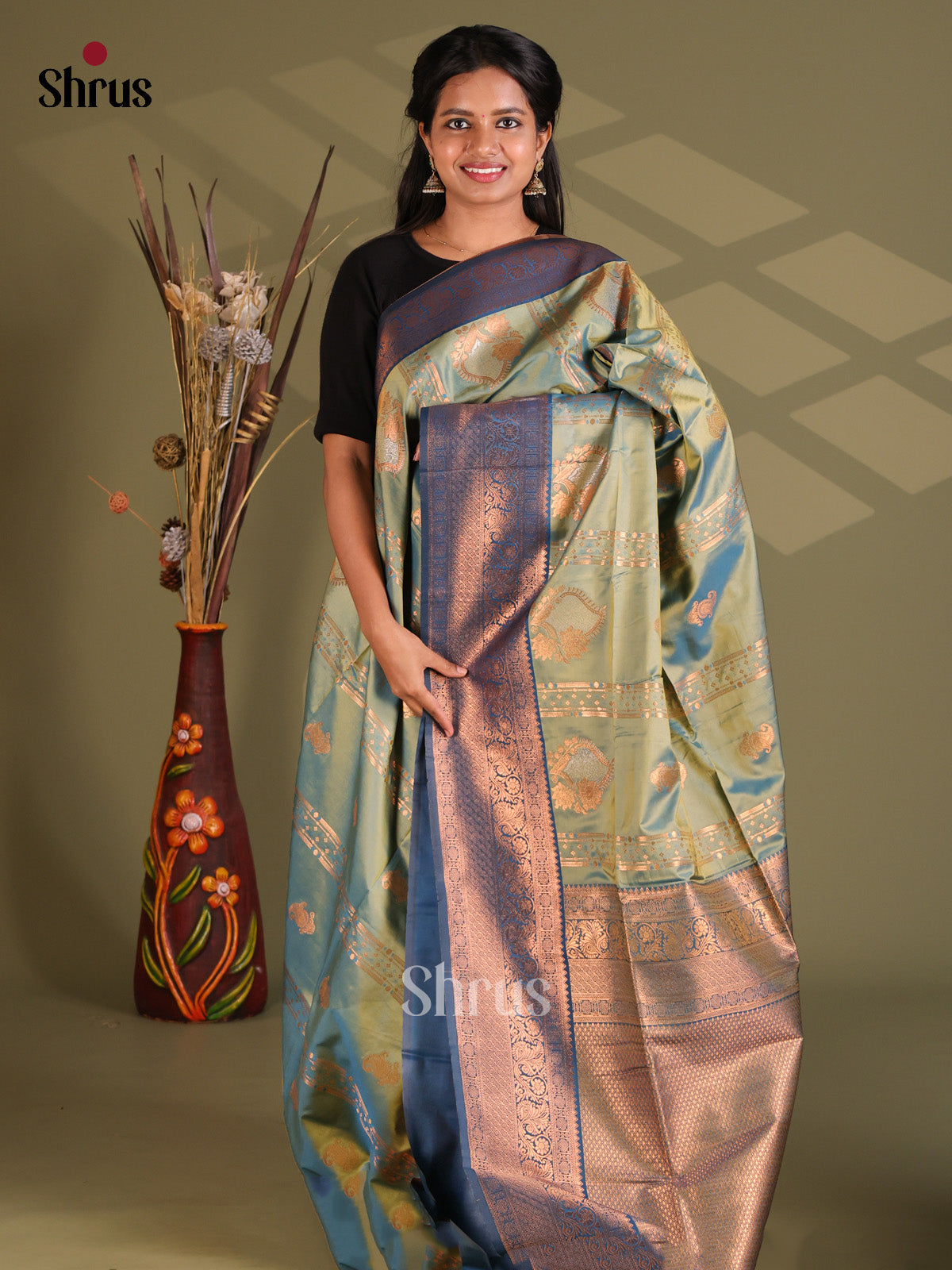 Green & Blue - Semi Soft Silk Saree