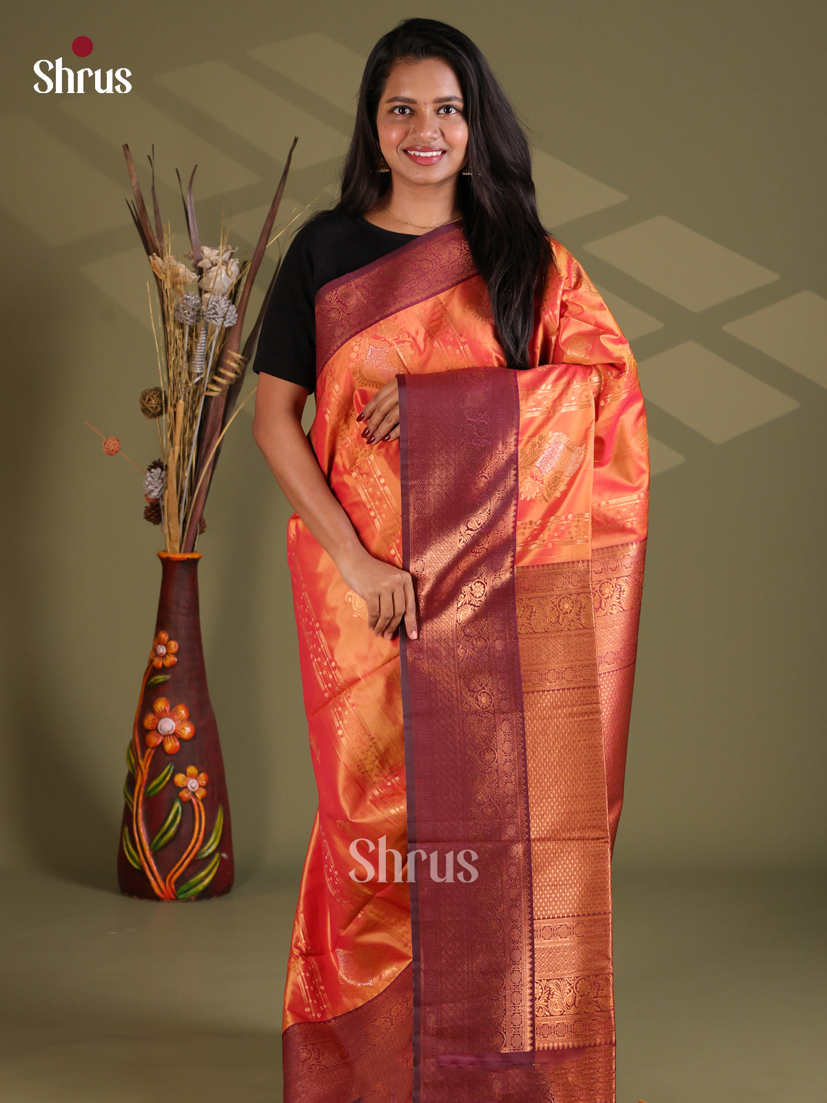 Orange & Maroon - Semi Softsilk Saree - Shop on Shrus.com
