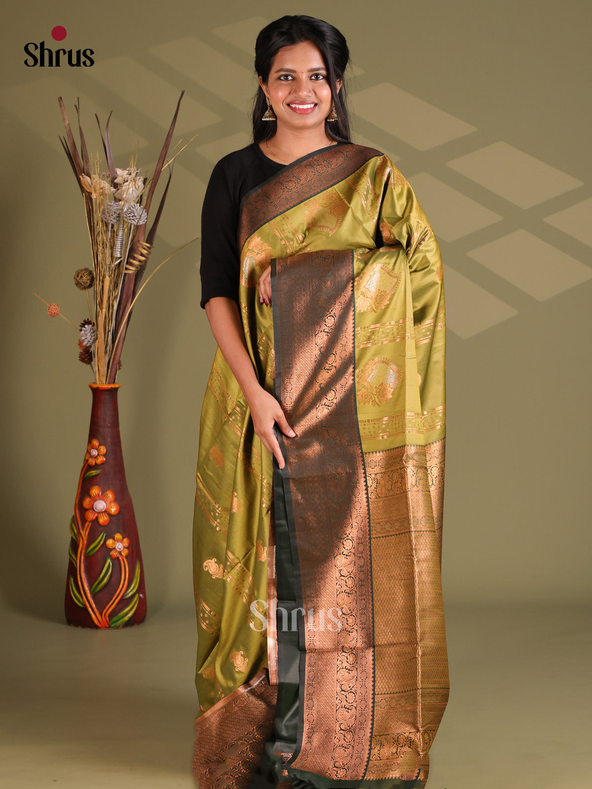 Mehandi Green & Green -Semi Soft Silk saree - Shop on Shrus.com