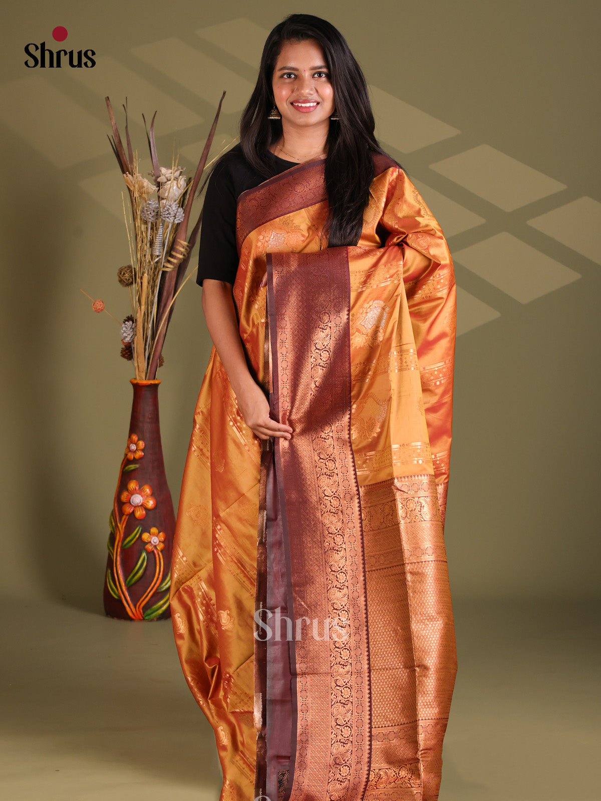 Dark Mustard & Brown - Semi Soft Silk Saree