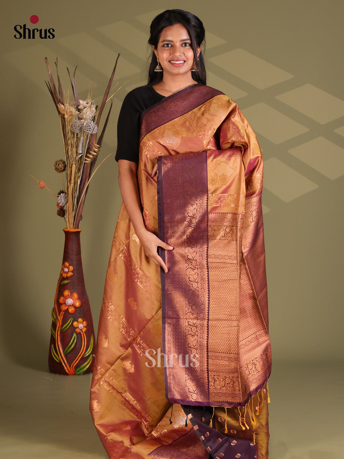 Dark Mustard & Violet - Semi Soft Silk Saree - Shop on Shrus.com