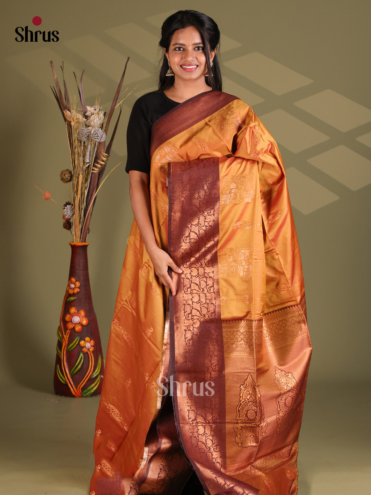 Dark Mustard & Brown - Semi Soft Silk Saree