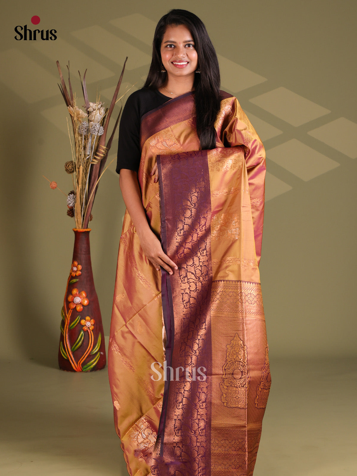 Brown & Violet - Semi Soft Silk Saree