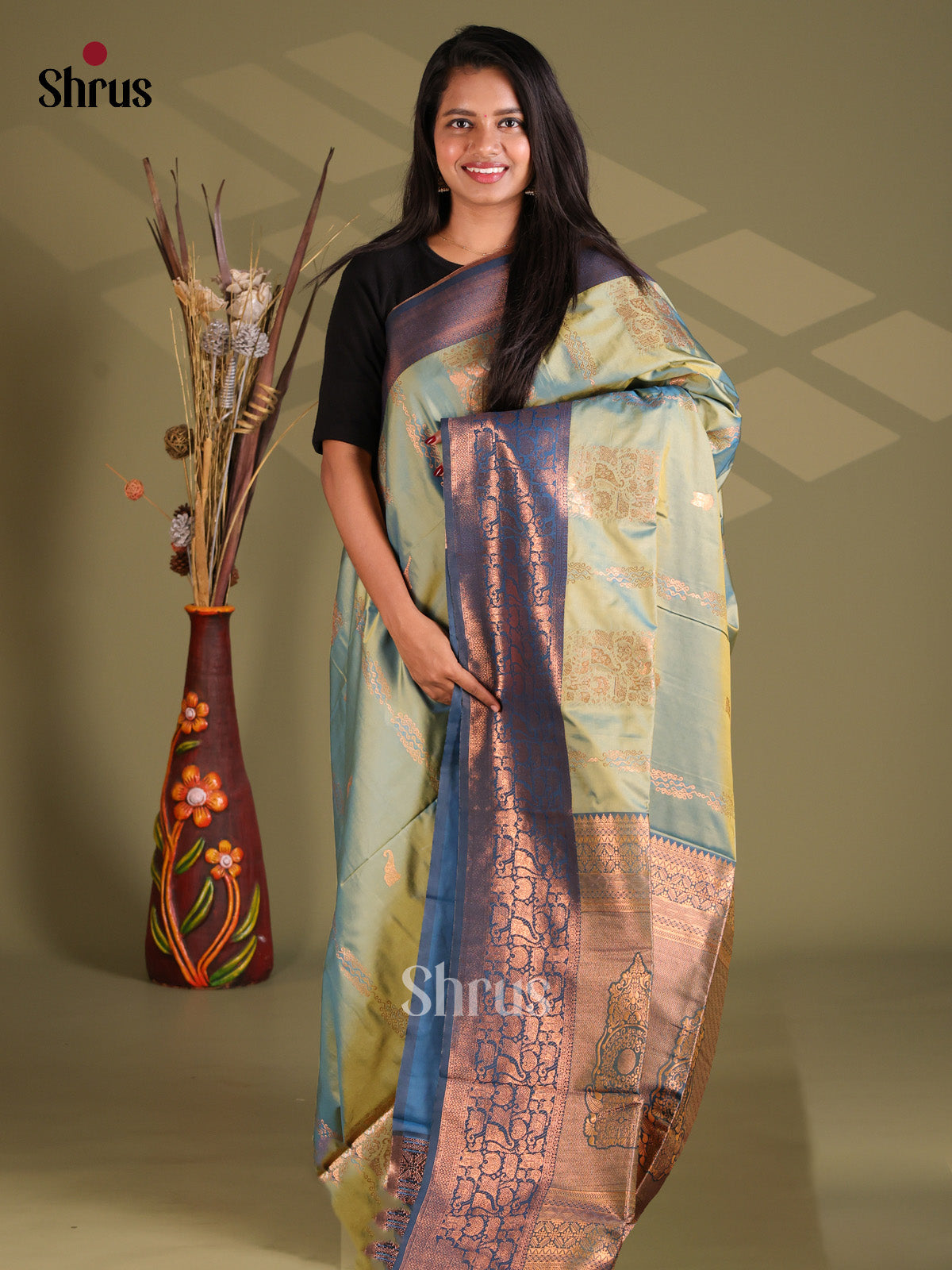 Double Shaded Green & Blue - Semi Soft Silk Saree - Shop on Shrus.com