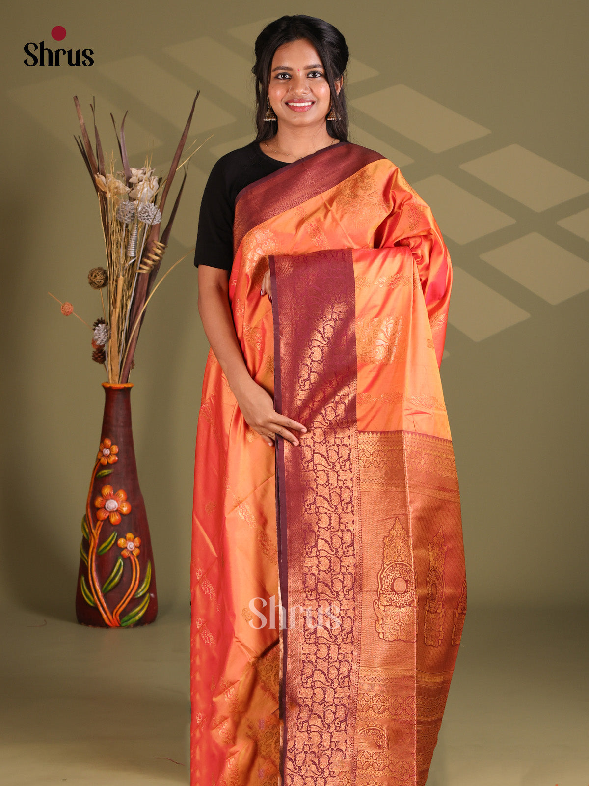 Orange & Maroon - Semi Soft Silk Saree - Shop on Shrus.com