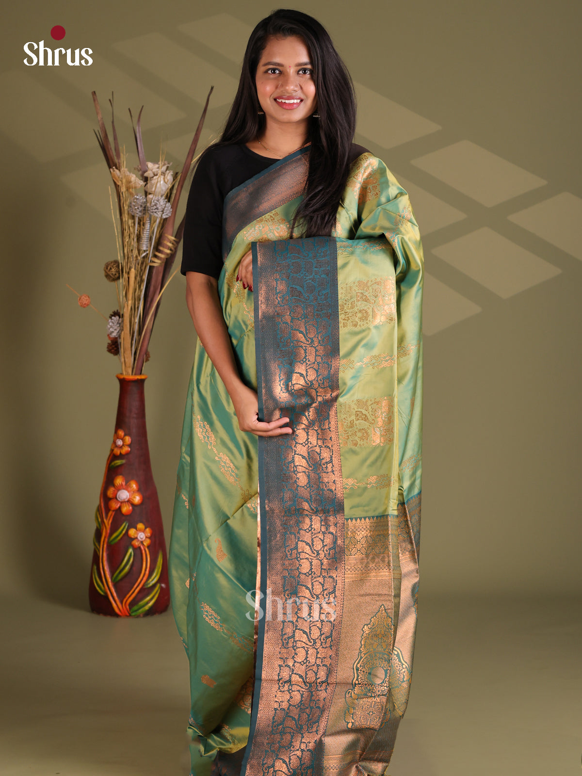 Pastel Green & Green - Semi Softsilk Saree - Shop on Shrus.com