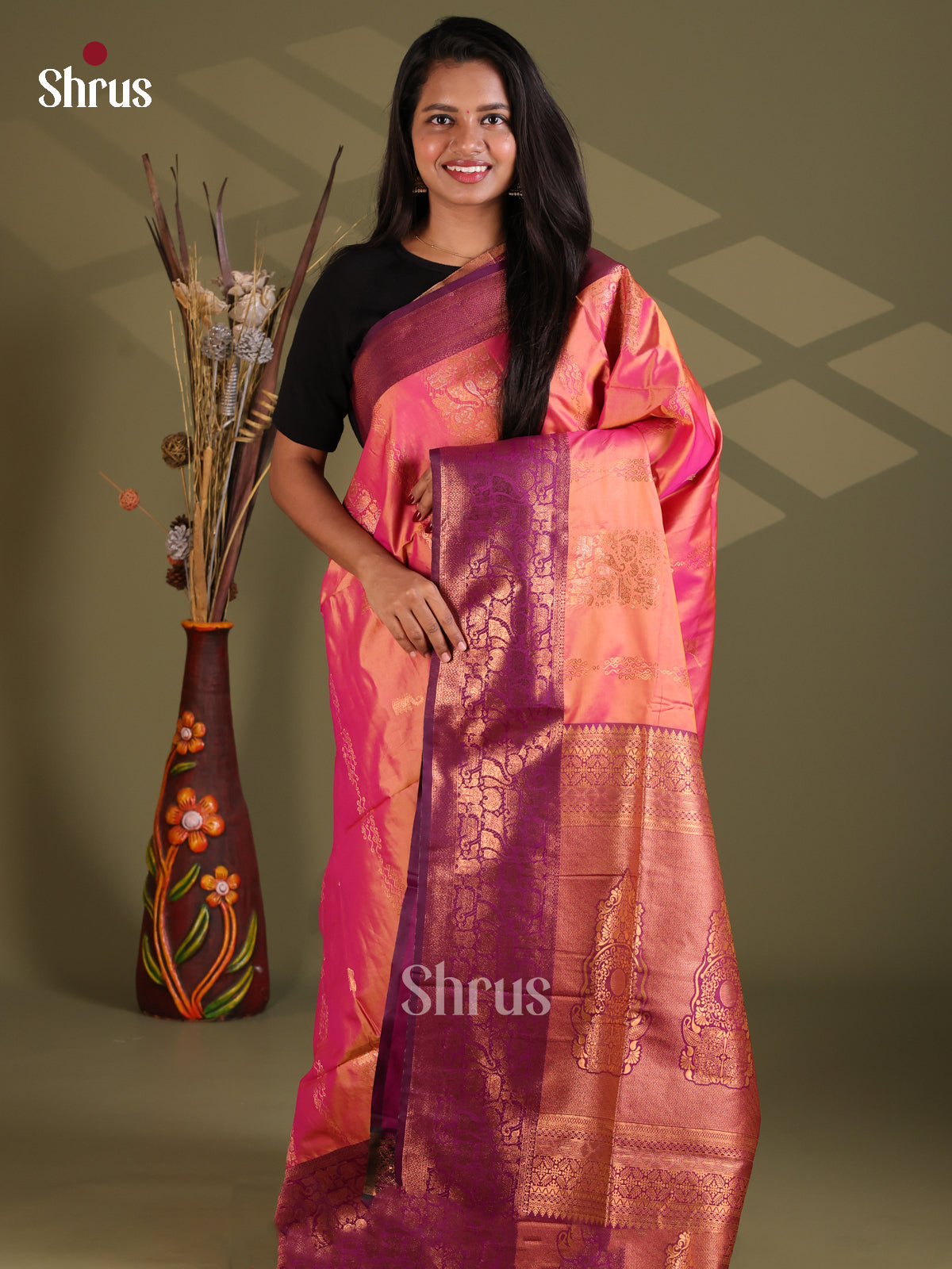 Orangish Pink & Purple - Semi Softsilk Saree - Shop on Shrus.com