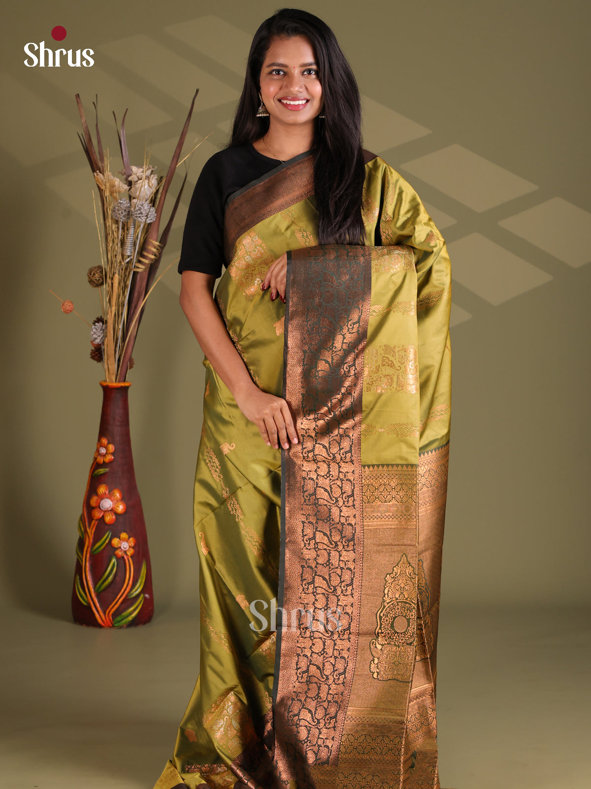 Olive Green & Green- Semi Softsilk Saree - Shop on Shrus.com