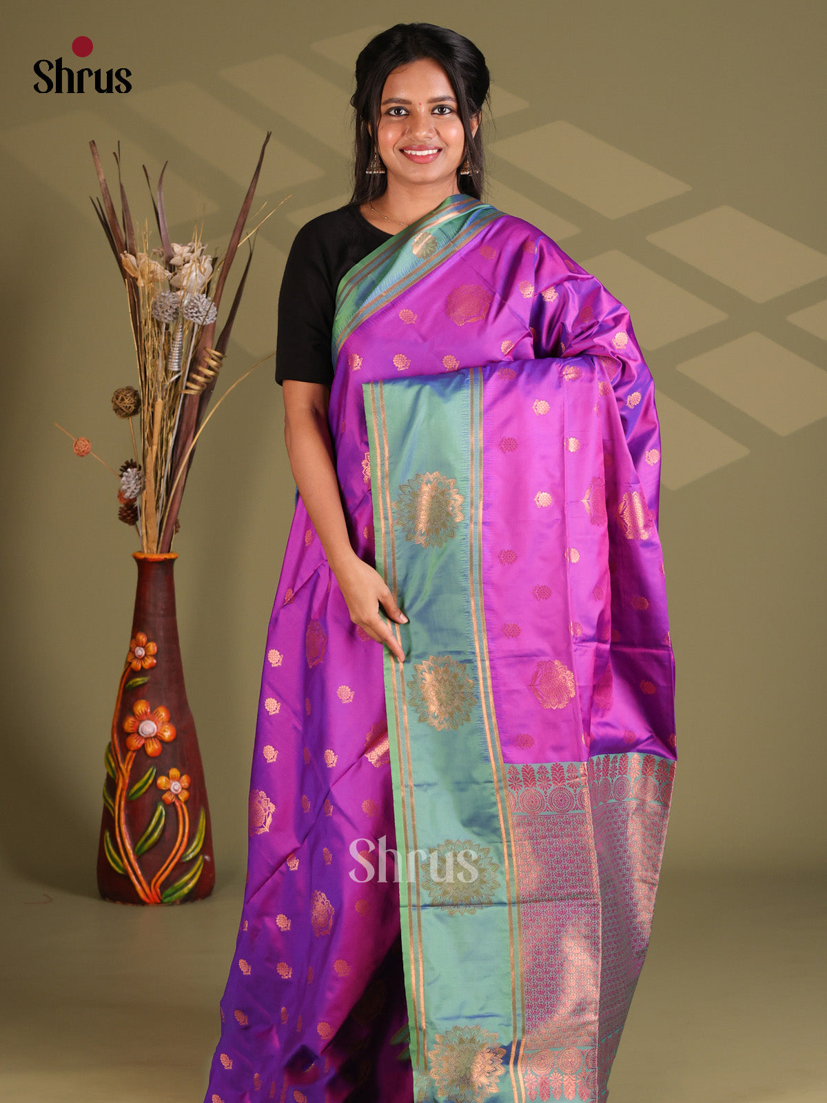 Purple & Teal - Semi Soft Silk Saree