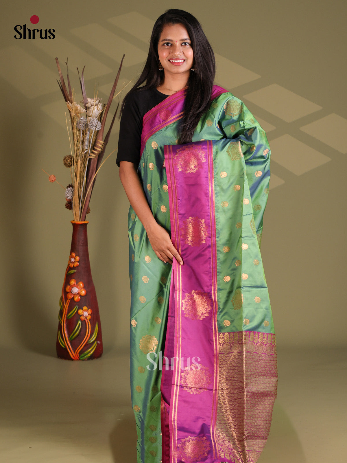 Green & Purple - Semi Soft Silk Saree