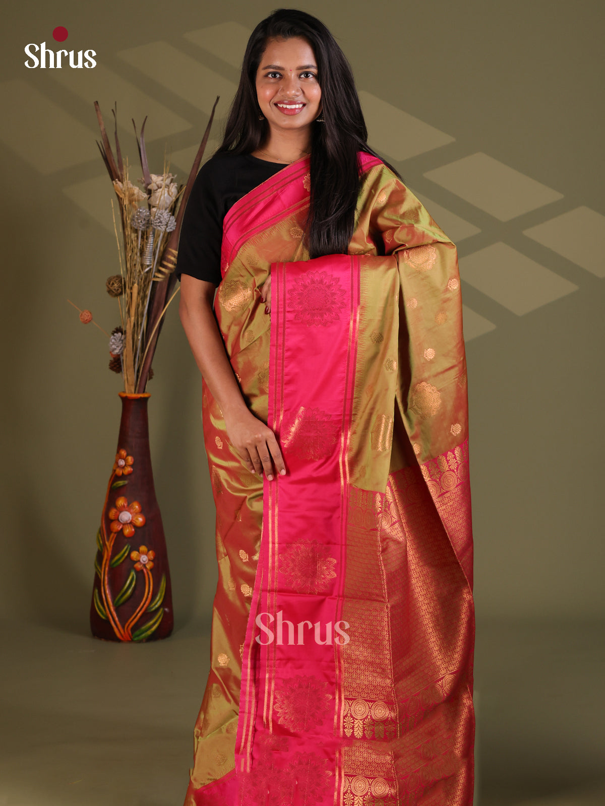 Double Shaded Green & Maroon - Semi Softsilk Saree - Shop on Shrus.com