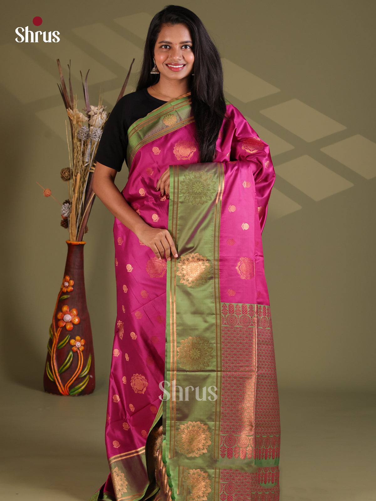 Majenta & Green- Semi Softsilk Saree - Shop on Shrus.com