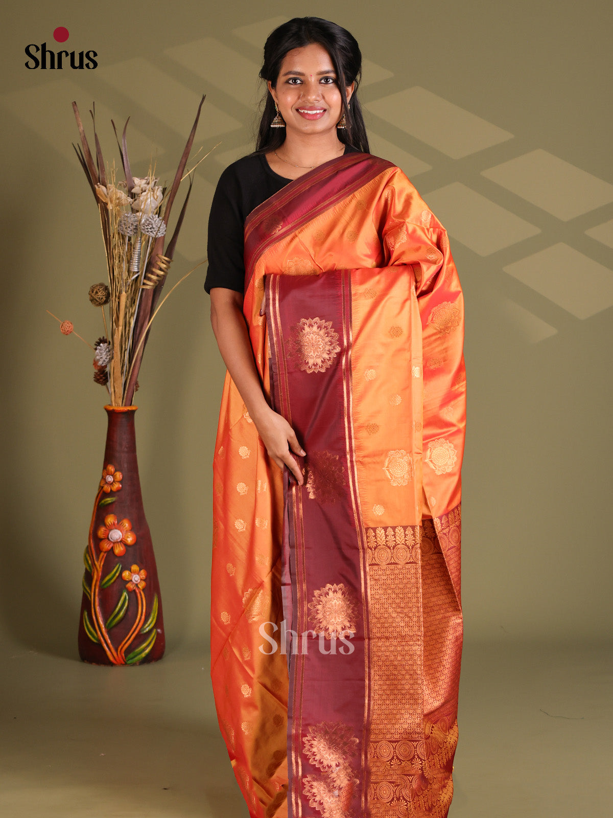 Orange & Maroon - Semi Soft Silk Saree - Shop on Shrus.com