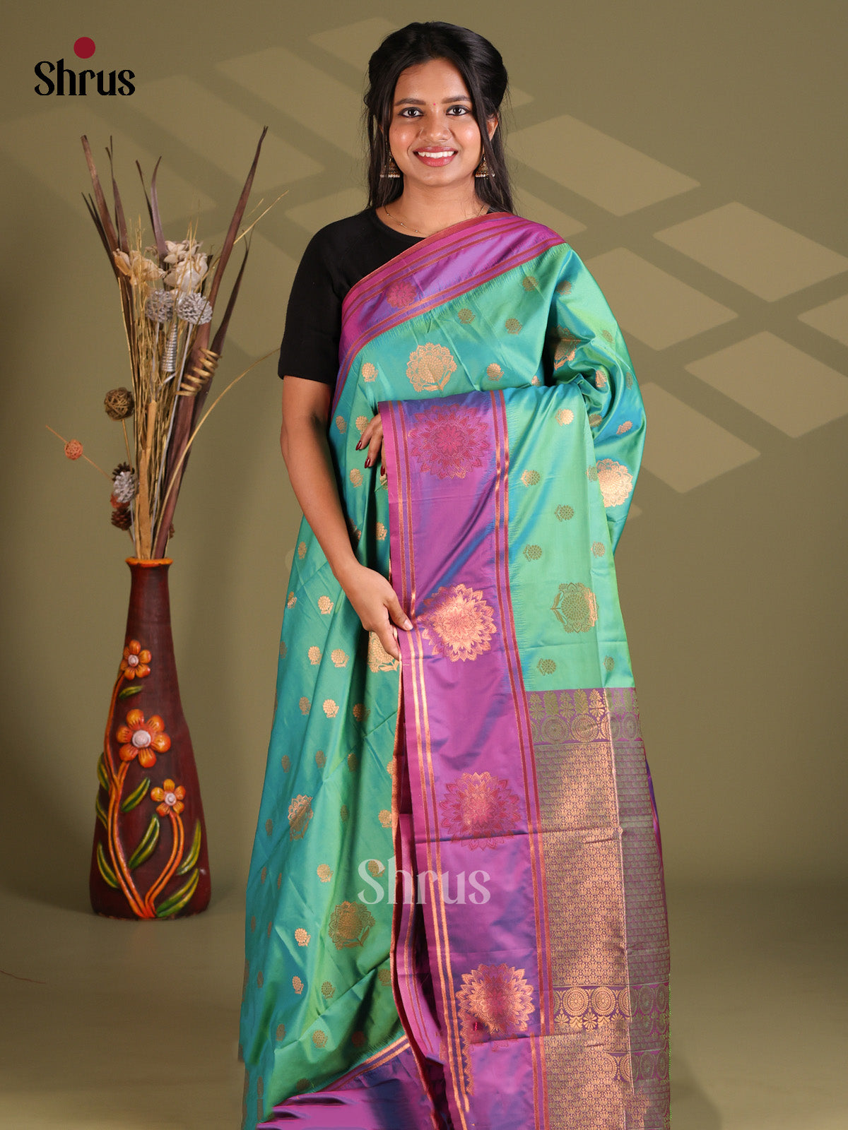 Green & Purple - Semi Soft Silk Saree - Shop on Shrus.com