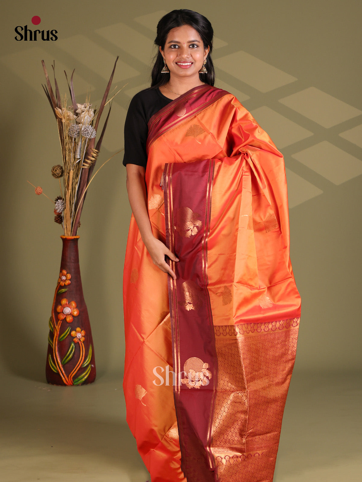 Orange & Maroon - Semi Soft Silk Saree - Shop on Shrus.com