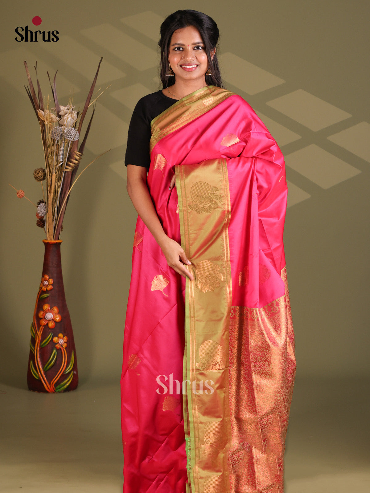 Pink & Double Shade Green - Semi Soft Silk Saree - Shop on Shrus.com