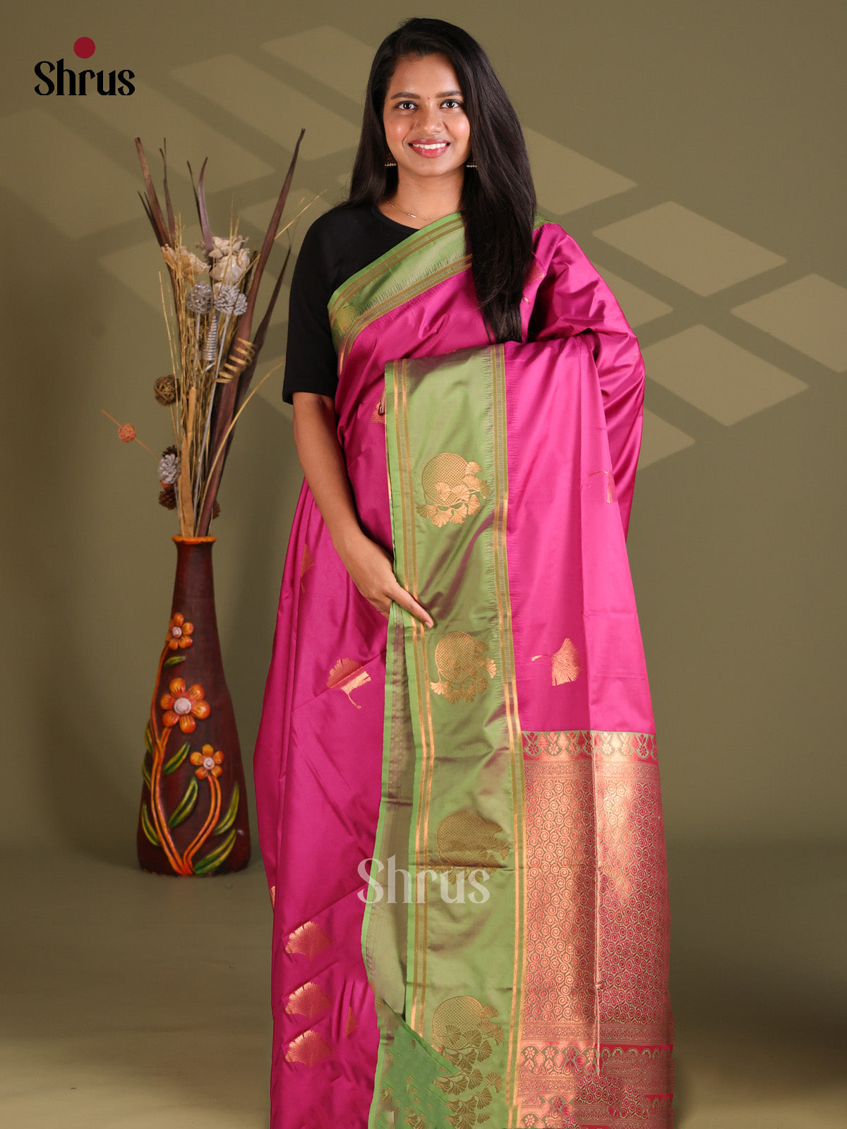 Pink & Green - Semi Soft Silk Saree - Shop on Shrus.com