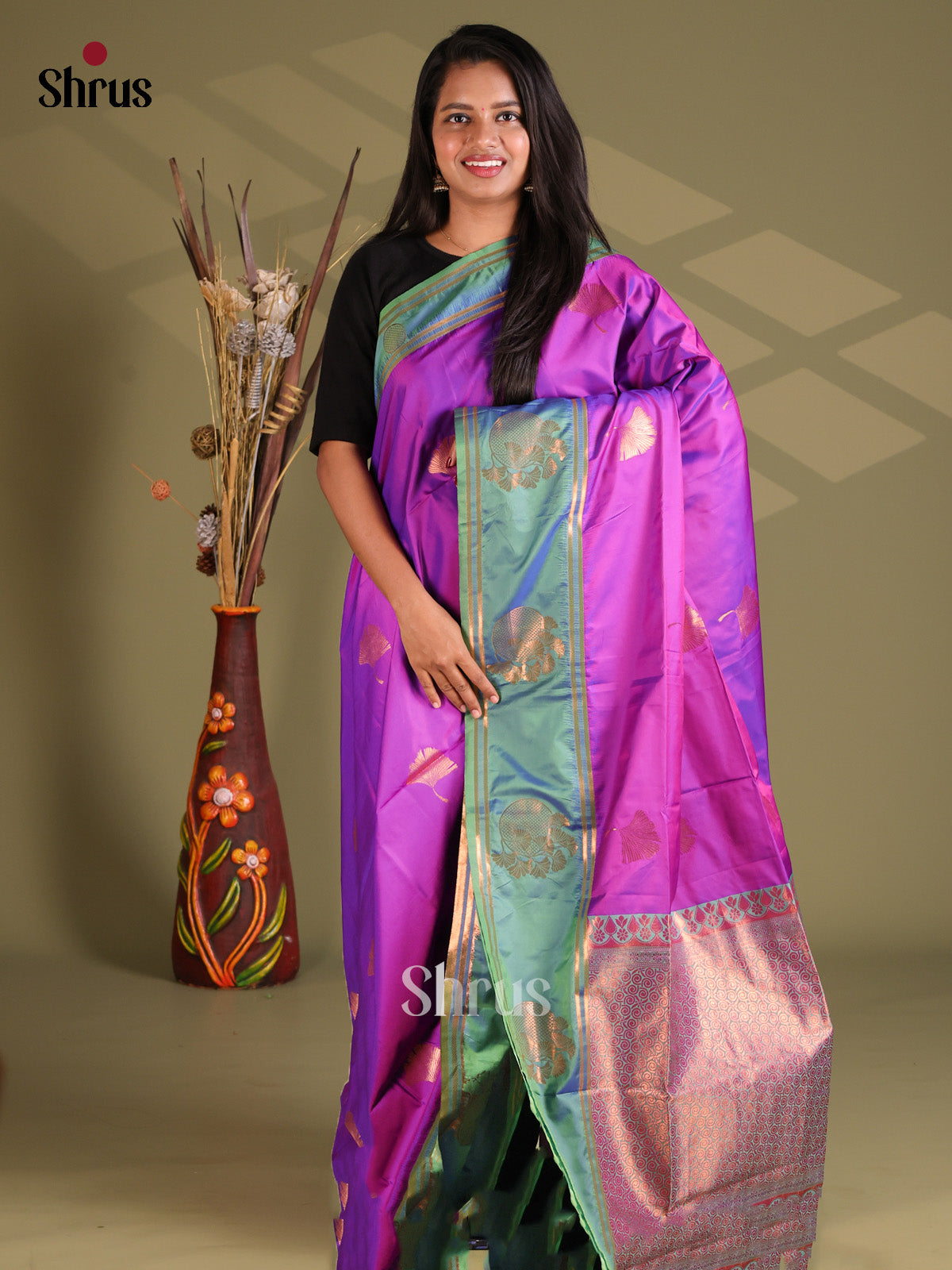 Purple & Green - Semi Soft Silk Saree