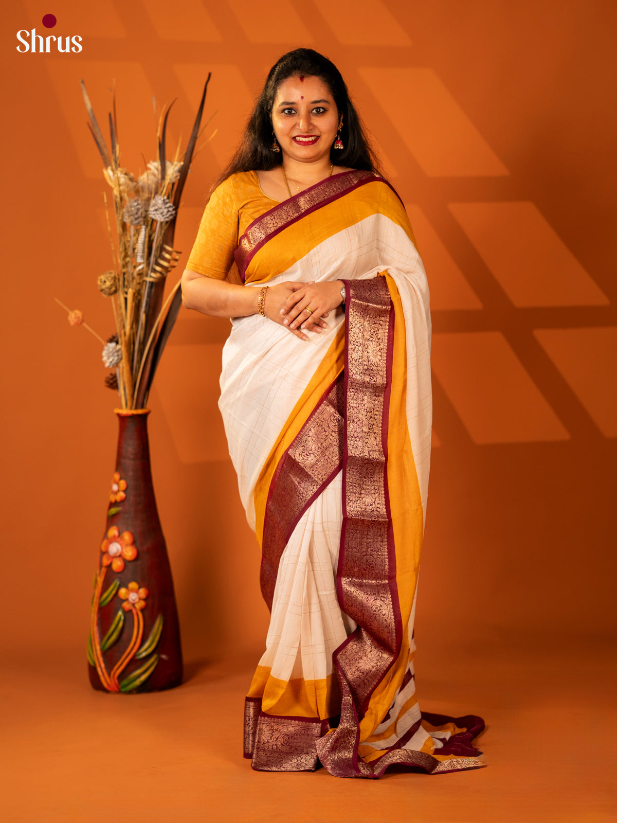 Cream & Maroon - Semi Mysore silk saree