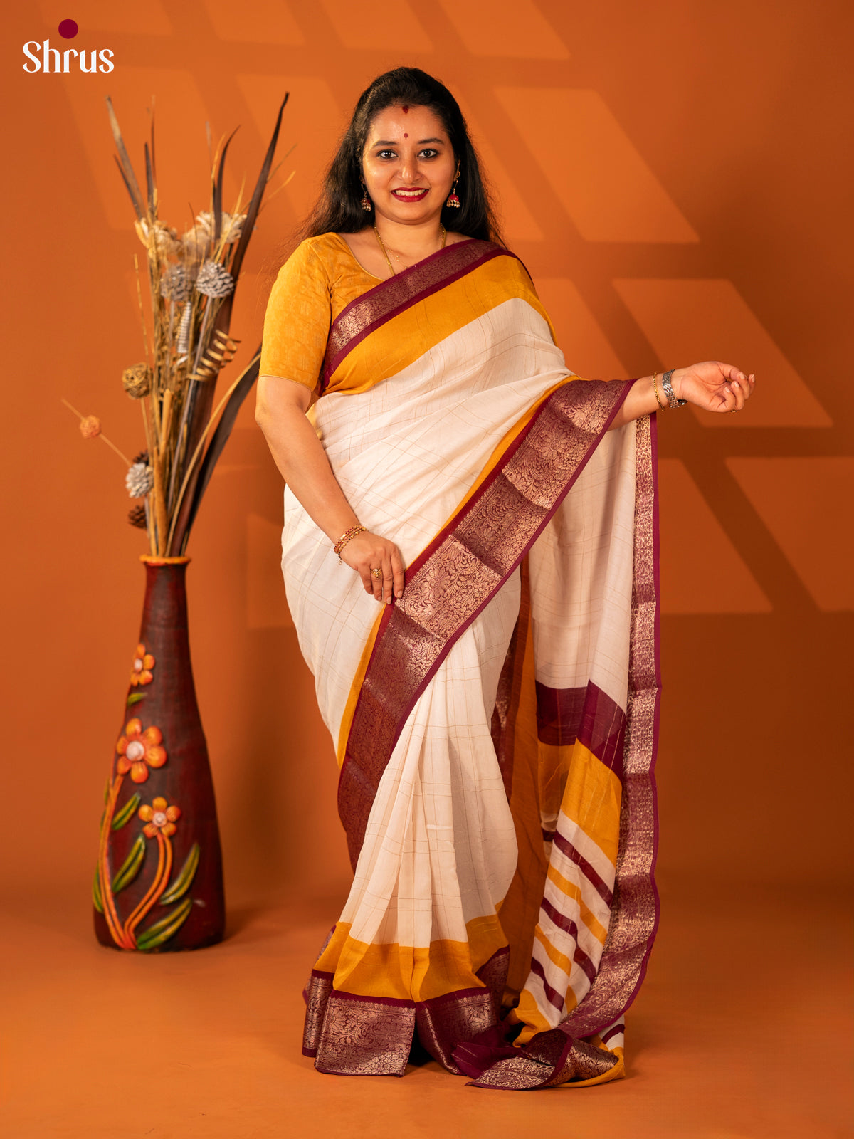 Cream & Maroon - Semi Mysore silk saree