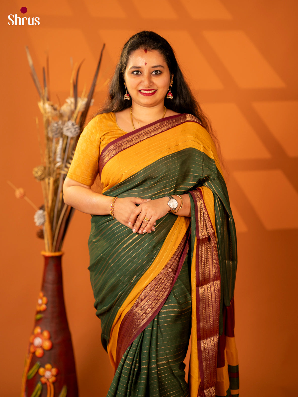 Dark Green & Maroon- Semi Mysore silk saree