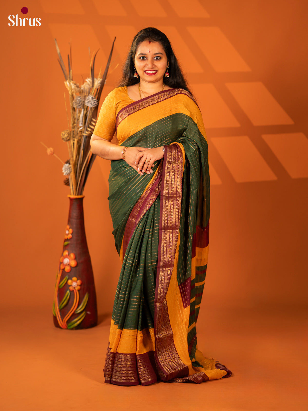 Dark Green & Maroon- Semi Mysore silk saree