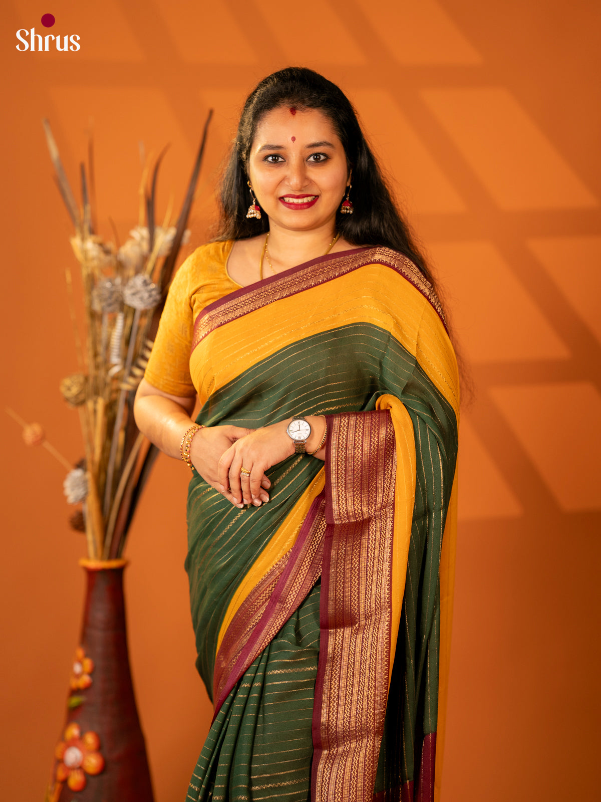 Dark Green & Maroon- Semi Mysore silk saree