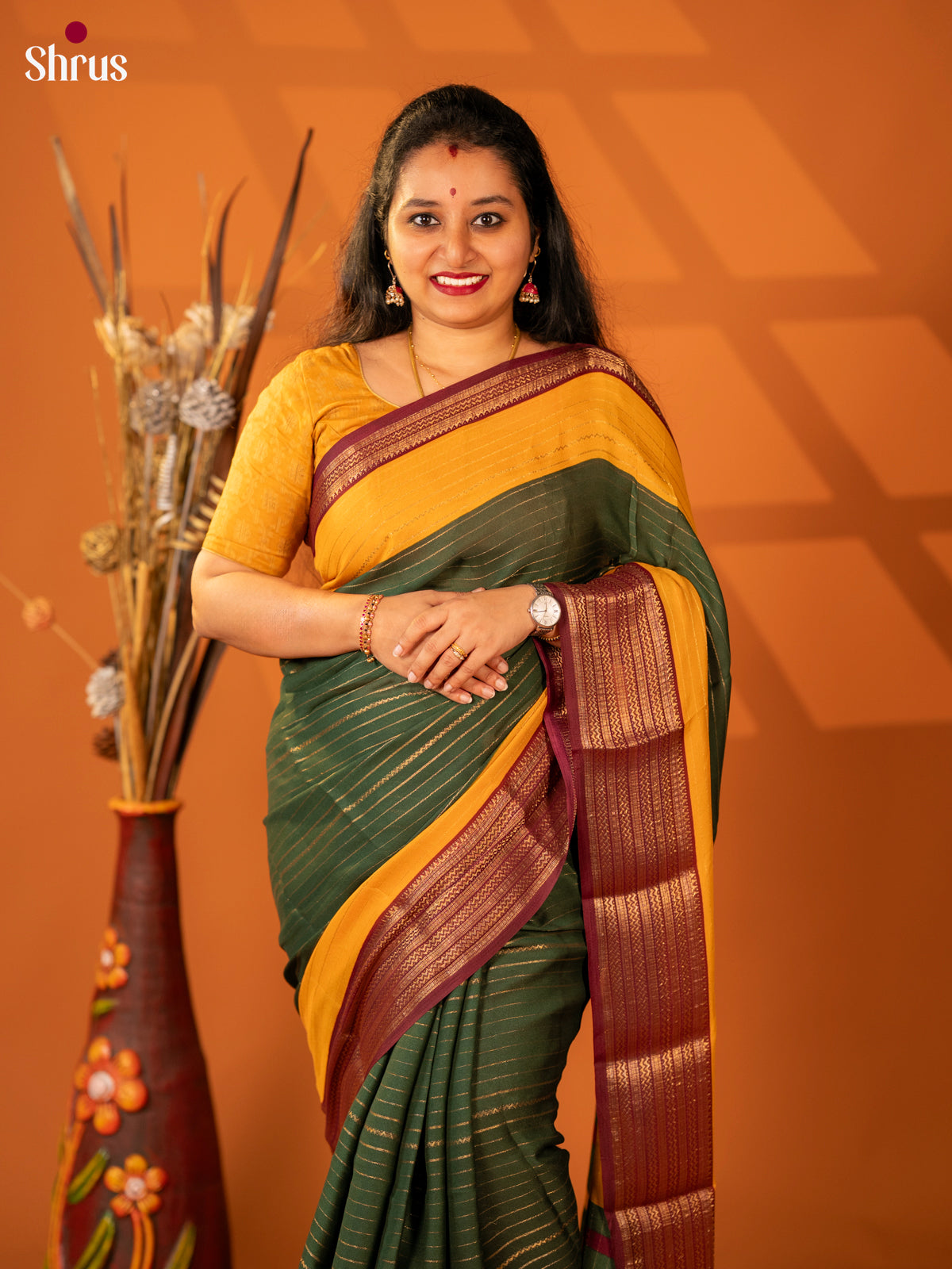 Dark Green & Maroon- Semi Mysore silk saree