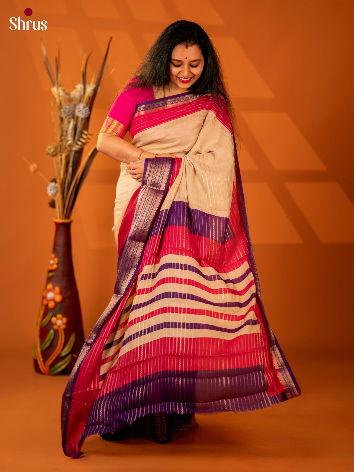 Beige & Purple - Semi Mysore silk saree