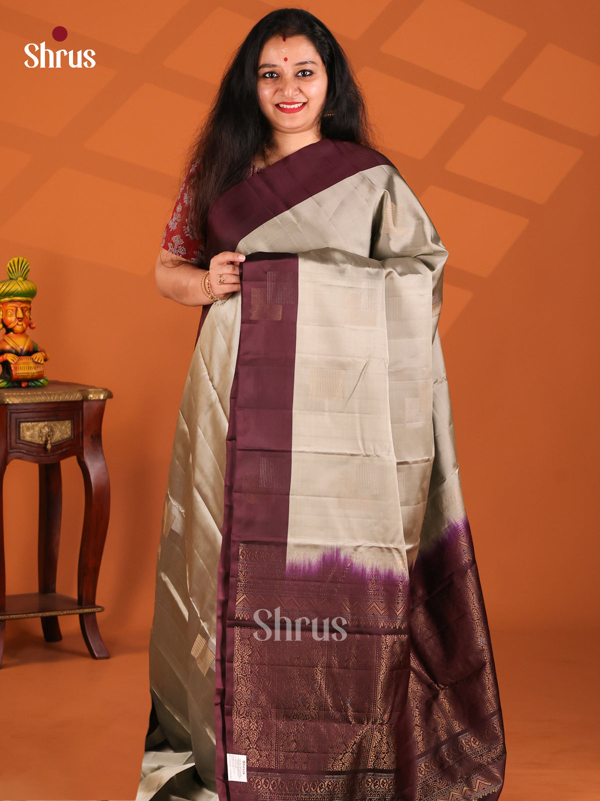 Vibrant Grey Softsilk-halfpure Saree with contrast brown brocade pallu