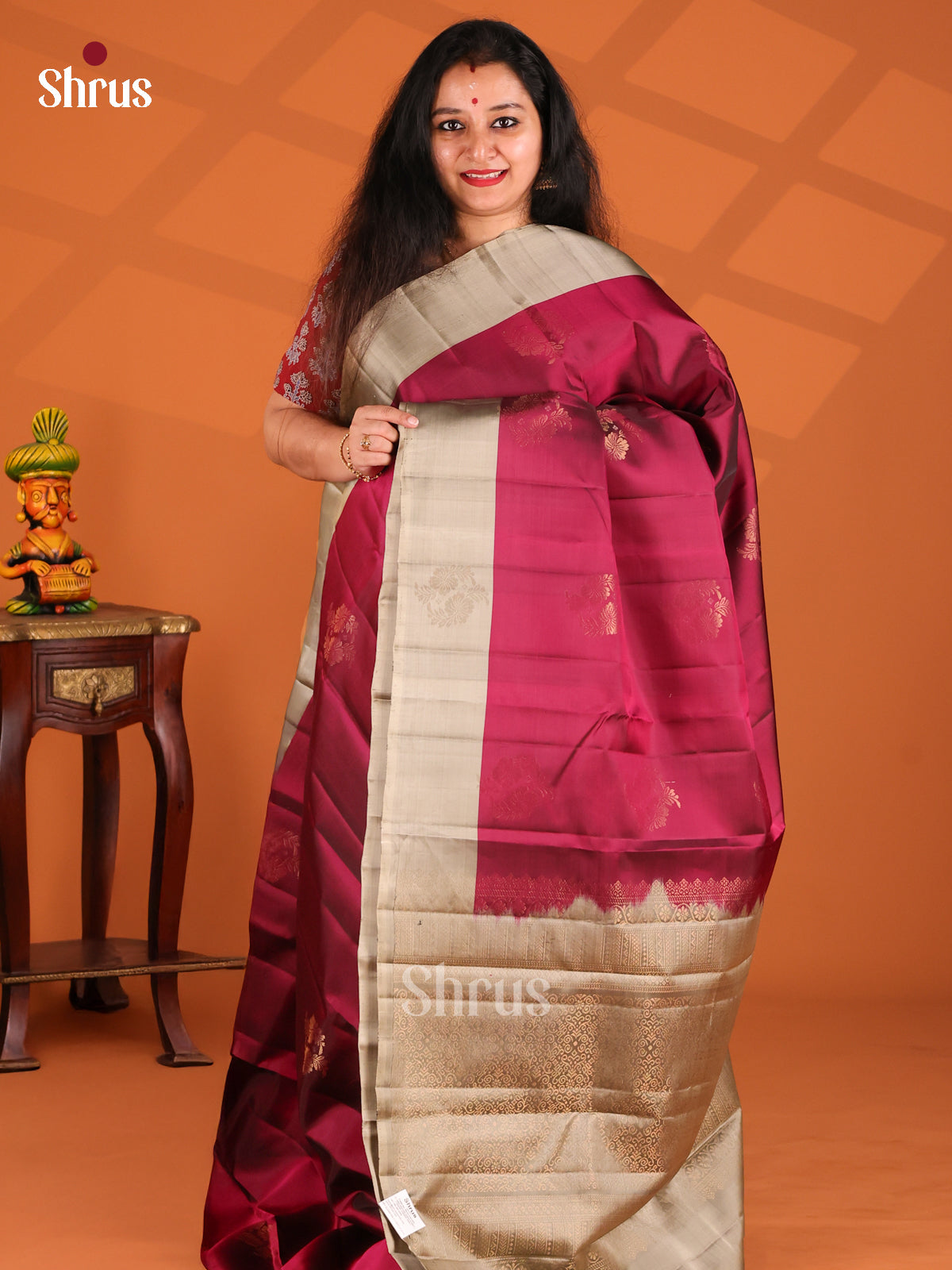 Classy Maroon Softsilk-halfpure Saree with zari floral motifs , grey brocade pallu - Shop on Shrus.com