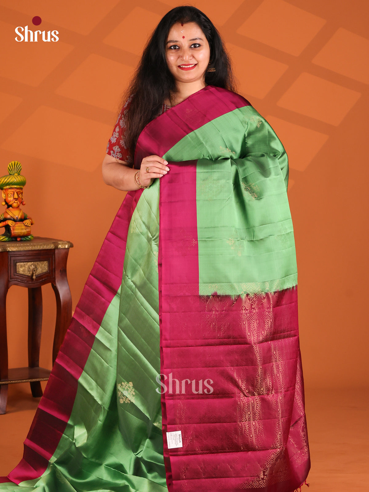 Beautiful Pastel Green Softsilk-halfpure Saree with maroon brocade pallu - Shop on Shrus.com