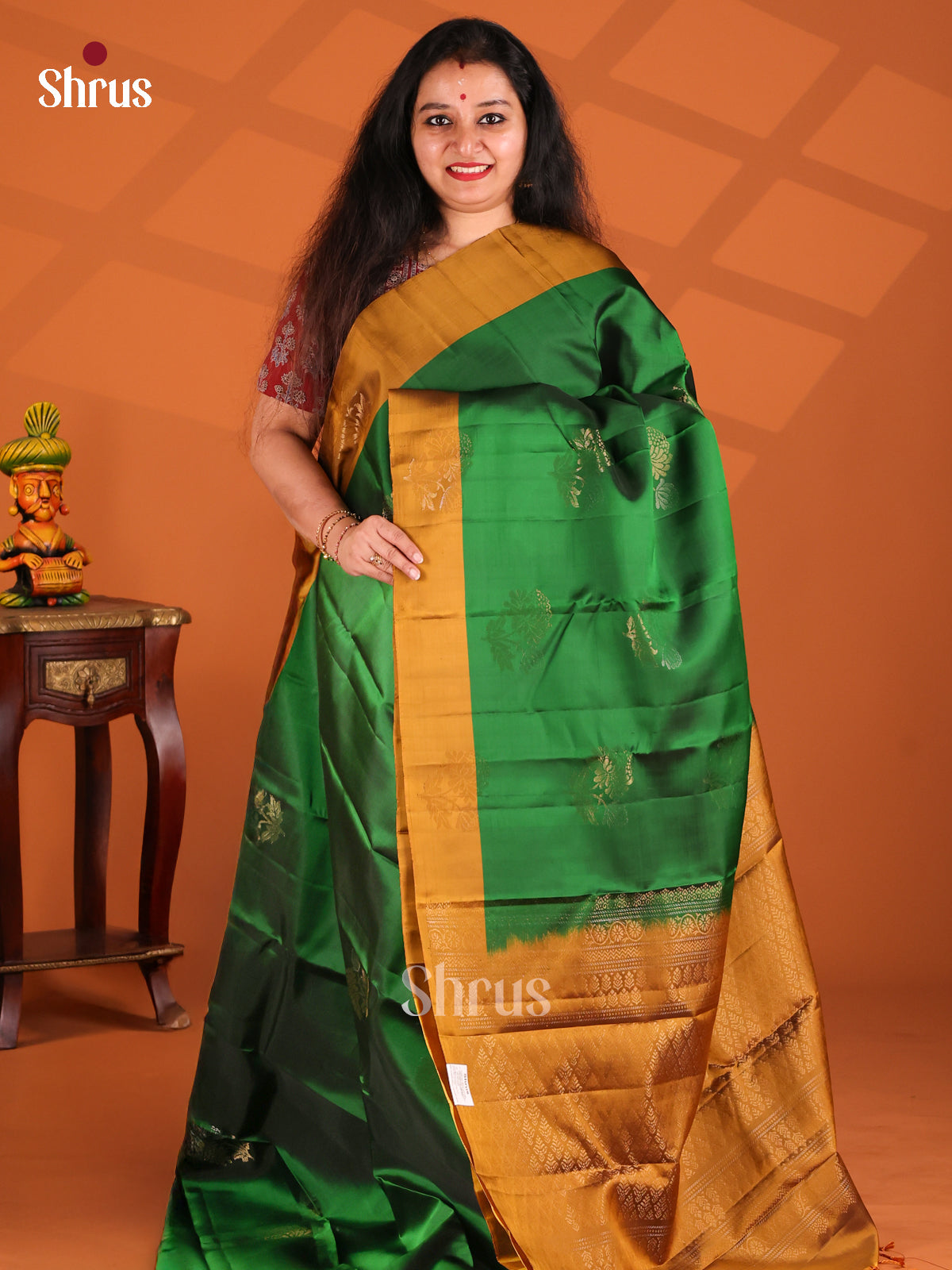 Serene Green Softsilk-halfpure Saree with criss cross brocade mustard pallu - Shop on Shrus.com