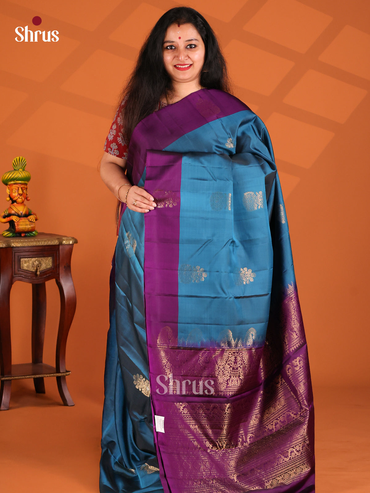 Vibrant Blue Softsilk-halfpure Saree with contrast violet brocade pallu