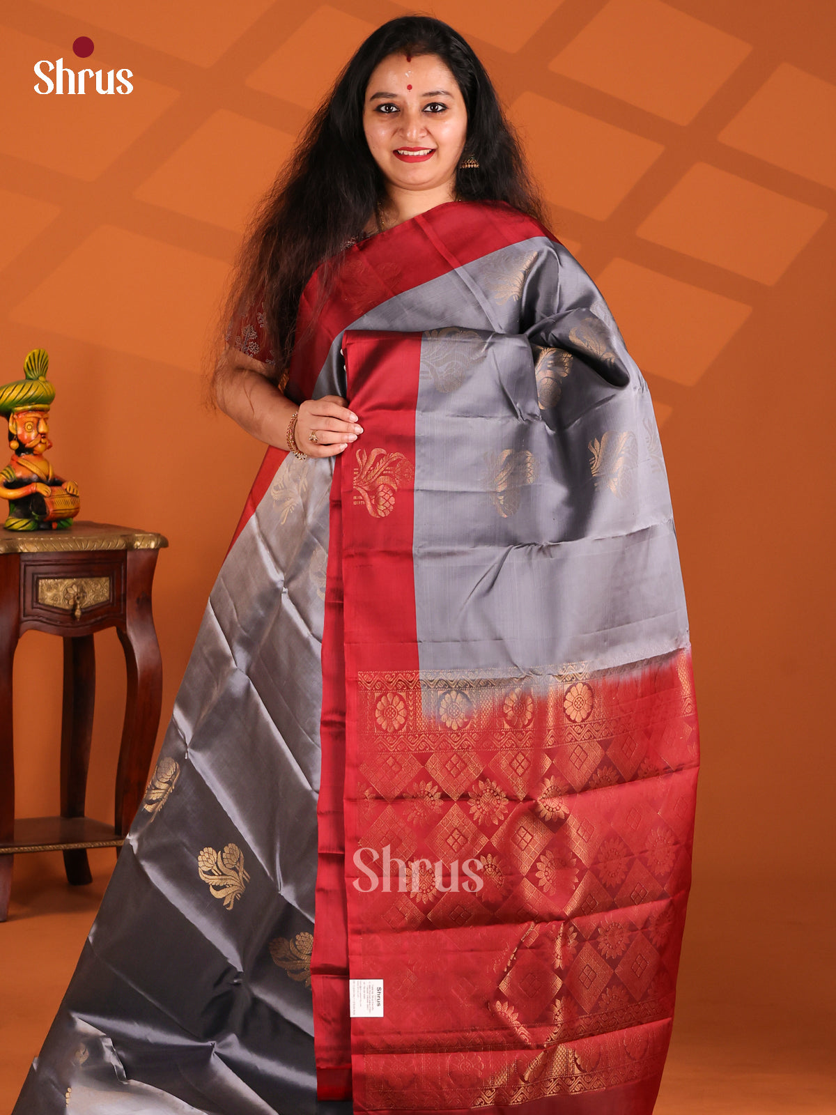 Pretty Grey Softsilk-halfpure Saree with gold zari floral buttas , red border - Shop on Shrus.com