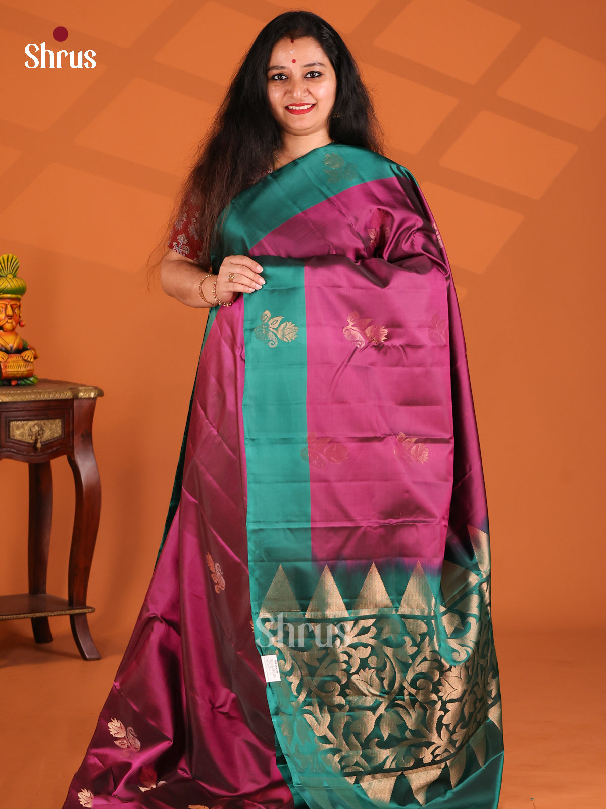 Ethereal Purple Softsilk-halfpure Saree with peacock green brocade pallu - Shop on Shrus.com