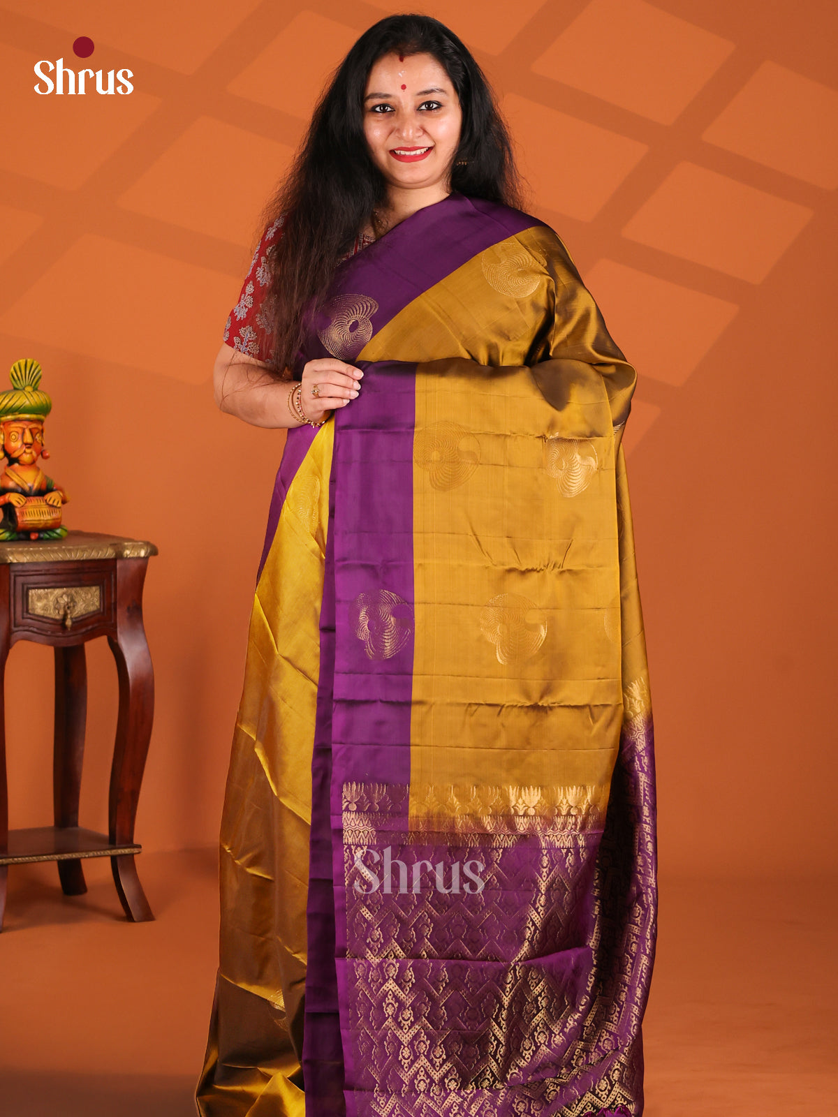 Glimmering Mustardy Green Softsilk-halfpure Saree with floral brocade Violet pallu