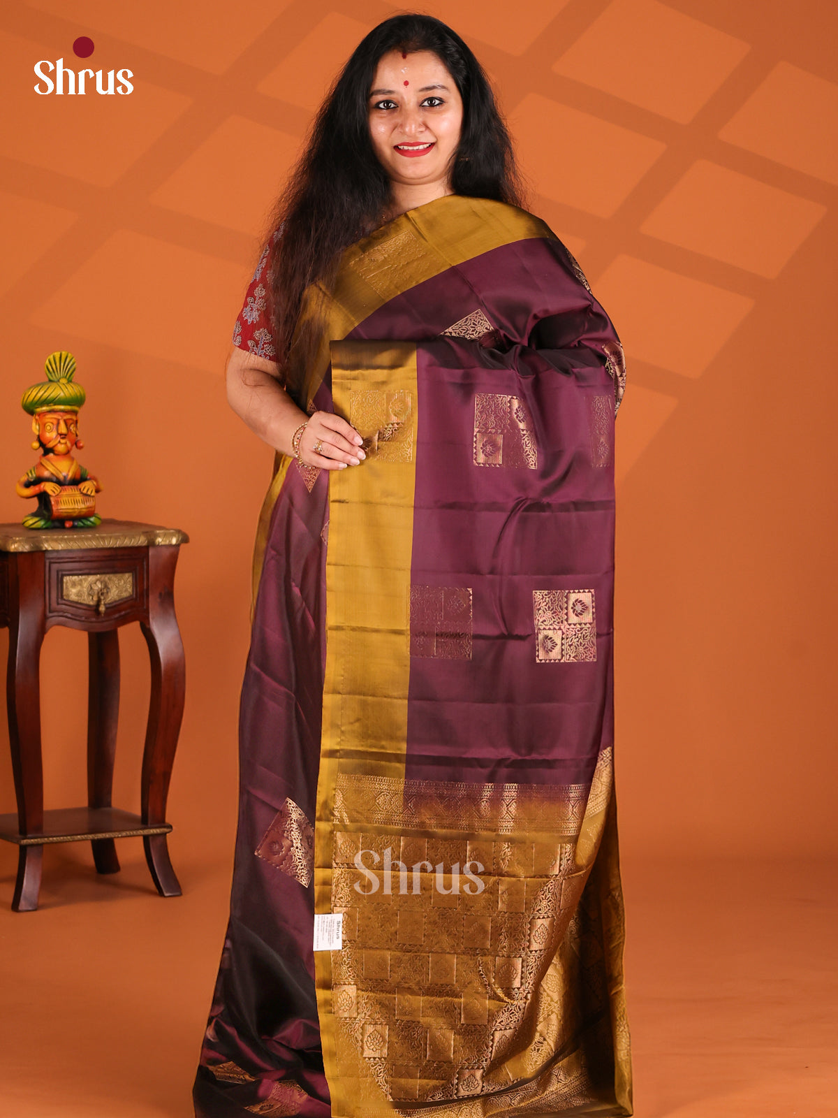 Classy Maroon Softsilk-halfpure Saree with gold zari block motifs - Shop on Shrus.com