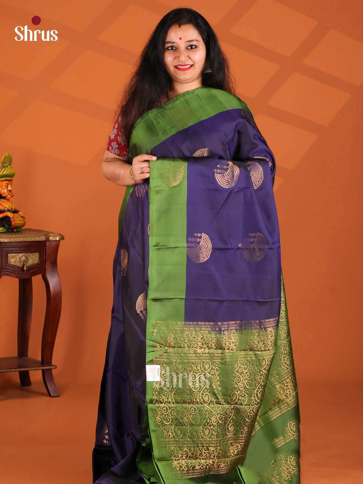 Stunning Blue Softsilk-halfpure Saree with green floral brocade pallu