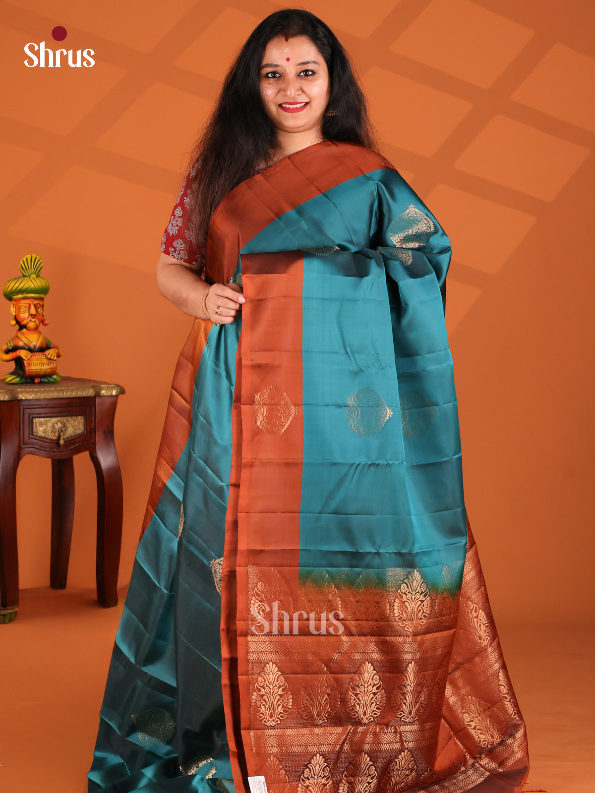 Vibrant Blue Softsilk-halfpure Saree with contrast Rust flotal motifs brocade - Shop on Shrus.com