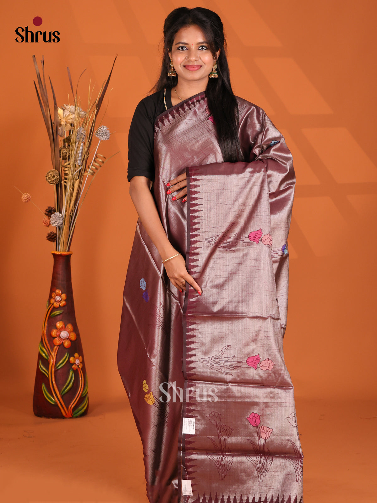 Maroon - Semi Jute Saree - Shop on Shrus.com